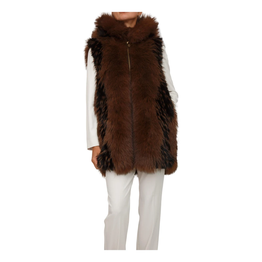 Fracomina Women's Brown Fur Vest Hoodie Marrone - Waistcoats - S - Jackets