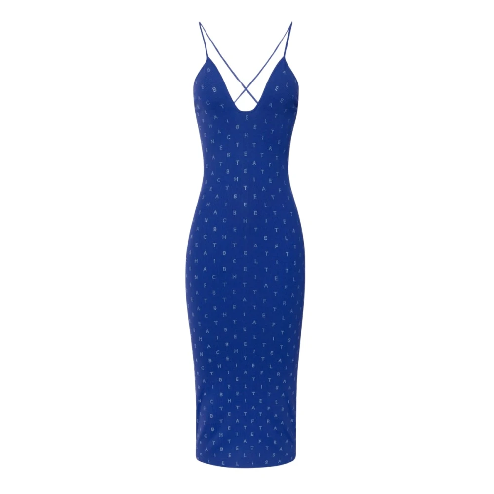 Elisabetta Franchi Blauwe Indigo Midi Jurk met Strass Lettering Blue Dames