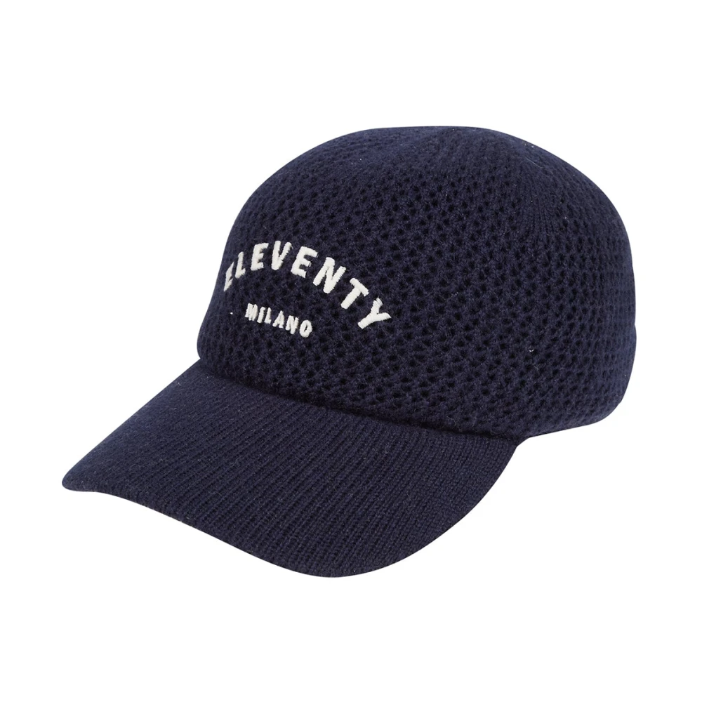 Eleventy Men's Blue Hats & Caps, One Size, Cashmere Baseball Cap With Crochet Embroidery