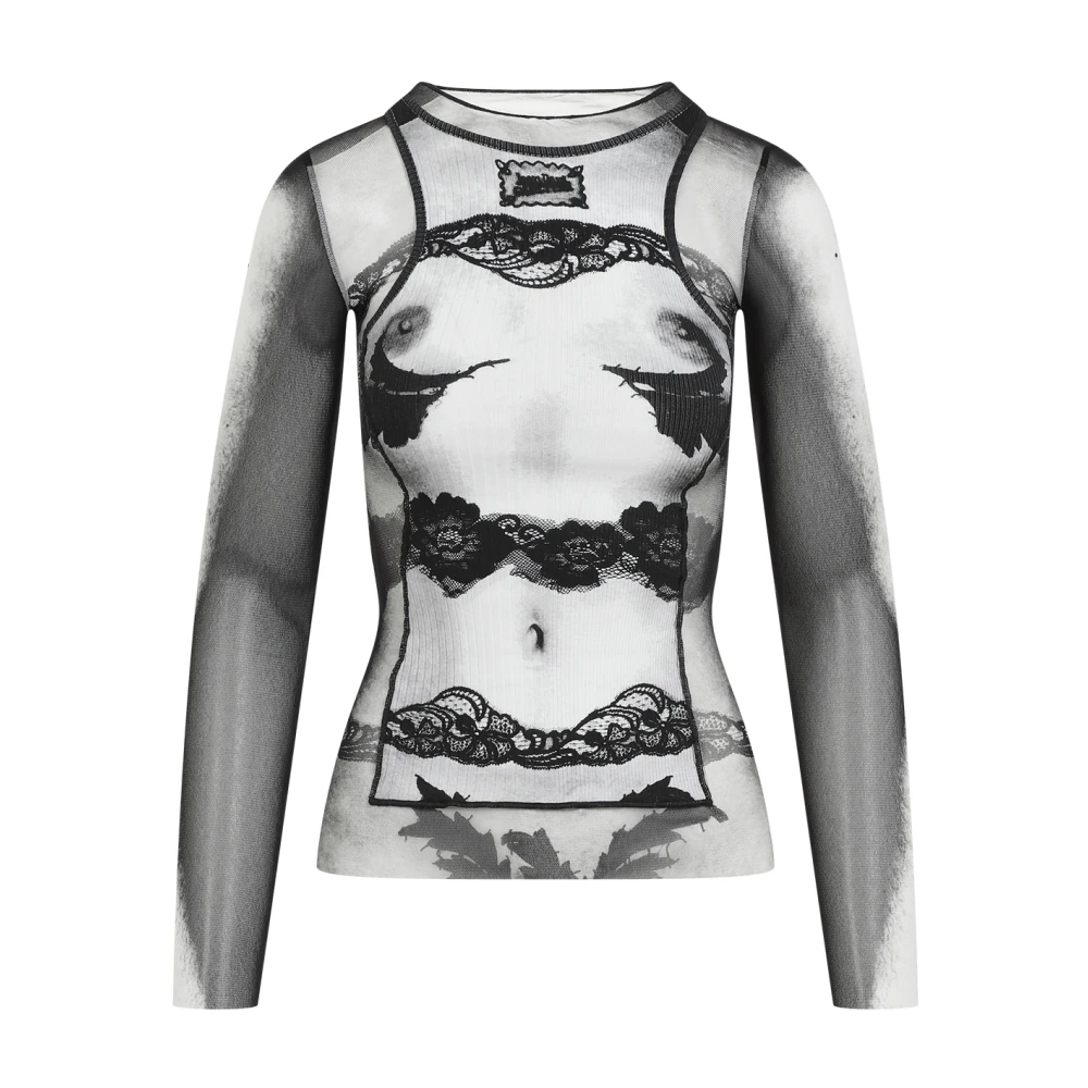 Jean Paul Gaultier Kant Gestreepte Top Zwart Grijs Wit Multicolor Dames