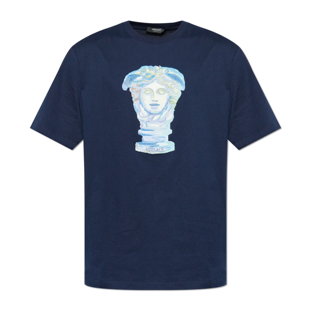 Versace Men's Blue T-Shirt With Medusa Head