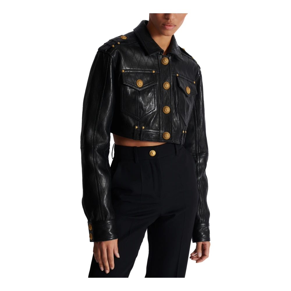 Balmain Topgestikte cropped leren jas Black Dames