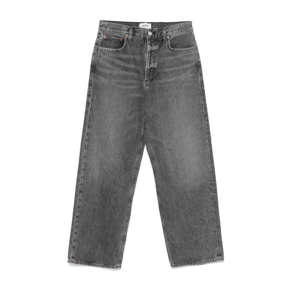 Mørkegrå Straight Jeans med Lav Talje