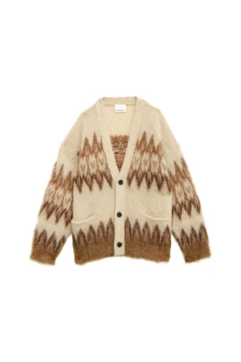 Beige V-ringad Tröja med Brun Dekoration