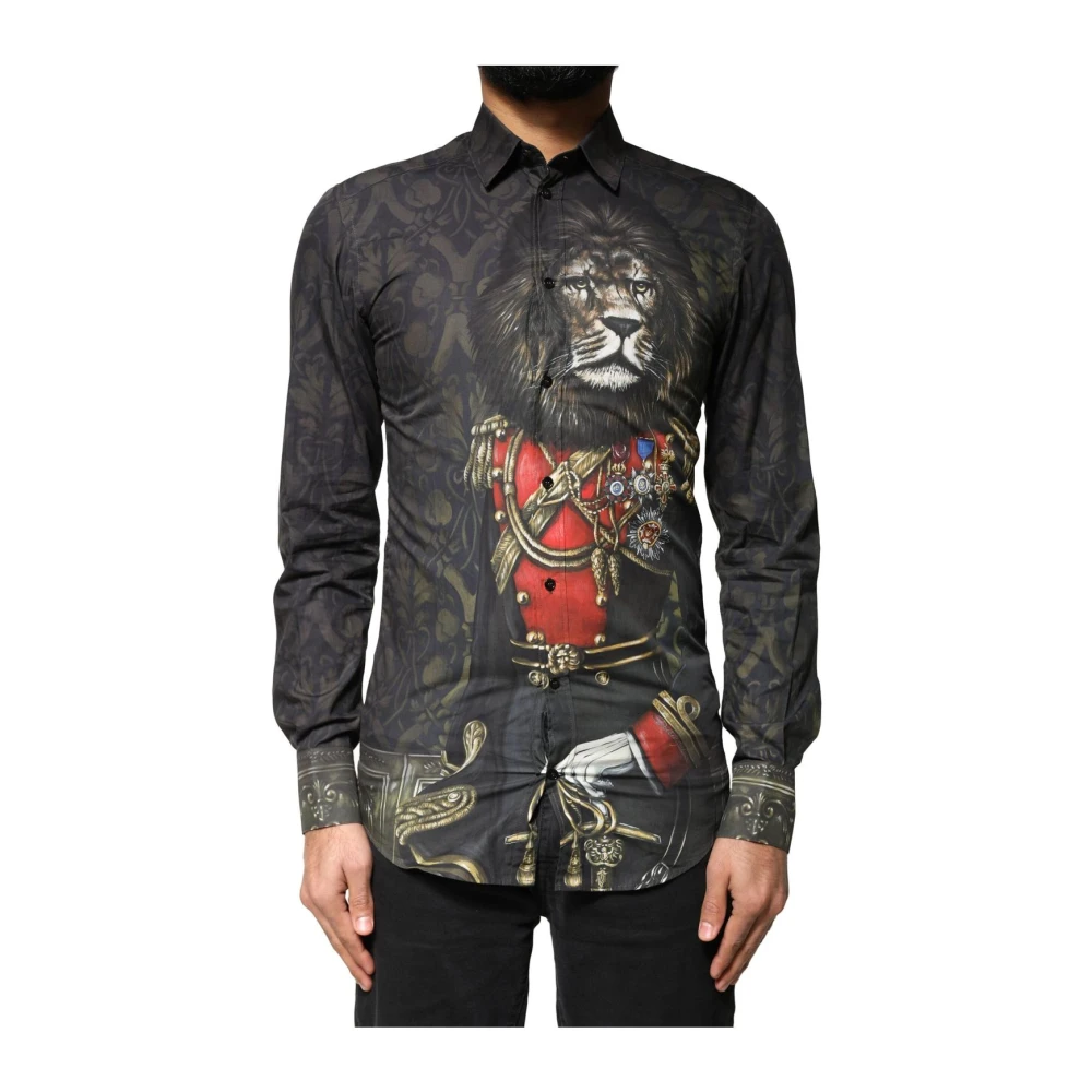Dolce & Gabbana , Casual Shirts, Male, Black, Xs, Royal Pet Portrait Gold Dress Shirt