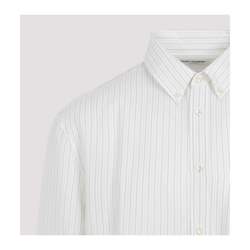 Saint Laurent Gestreept zijden overhemd met knopen Beige Heren