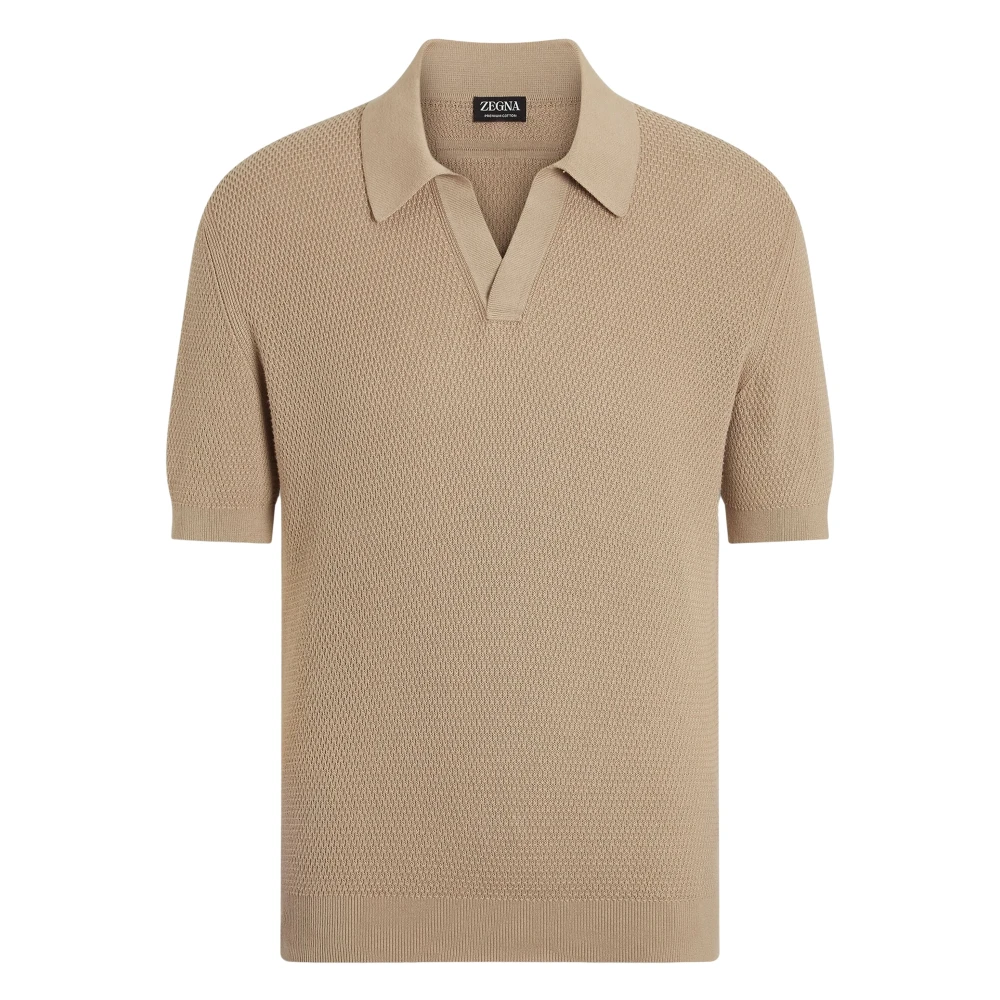 Zegna Men's Beige V-Neck Knitwear, L, Polo T-Shirt Ribbed Hem