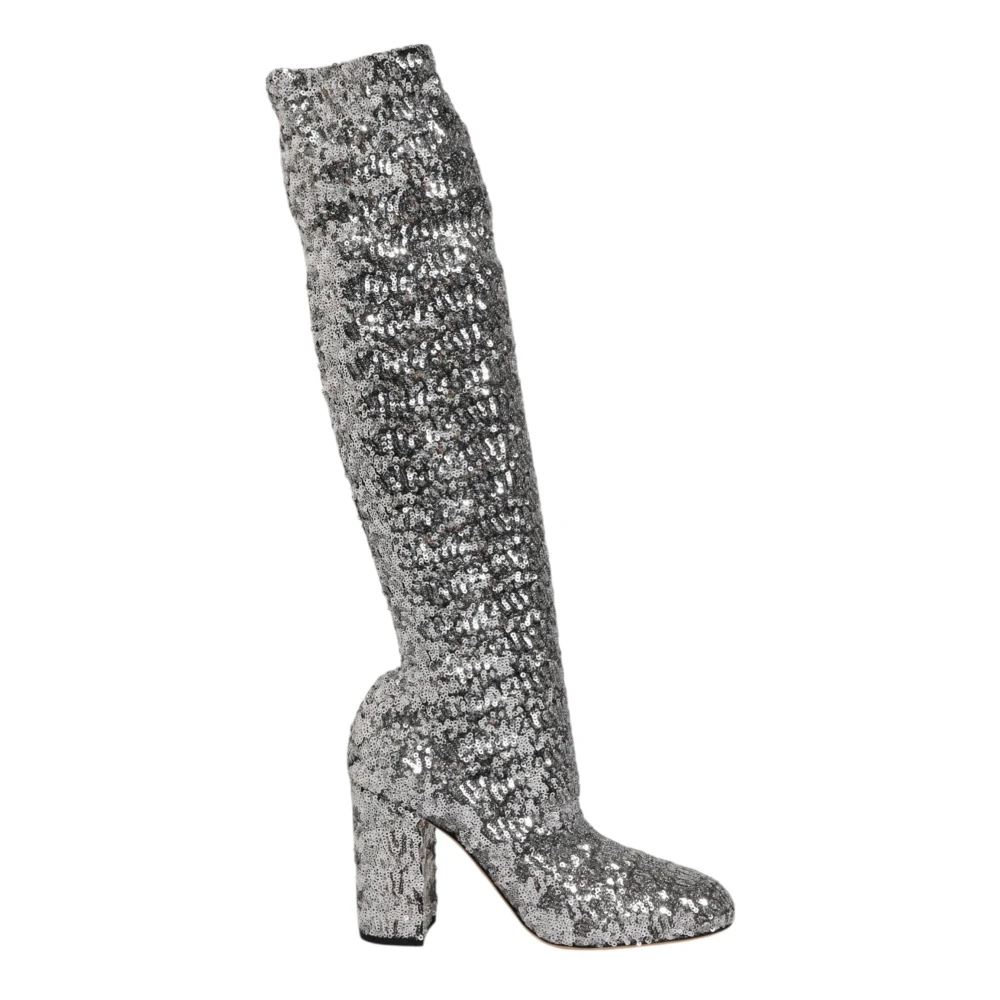 Dolce & Gabbana Women's Silver Sequins Glitter High Heel Boots
