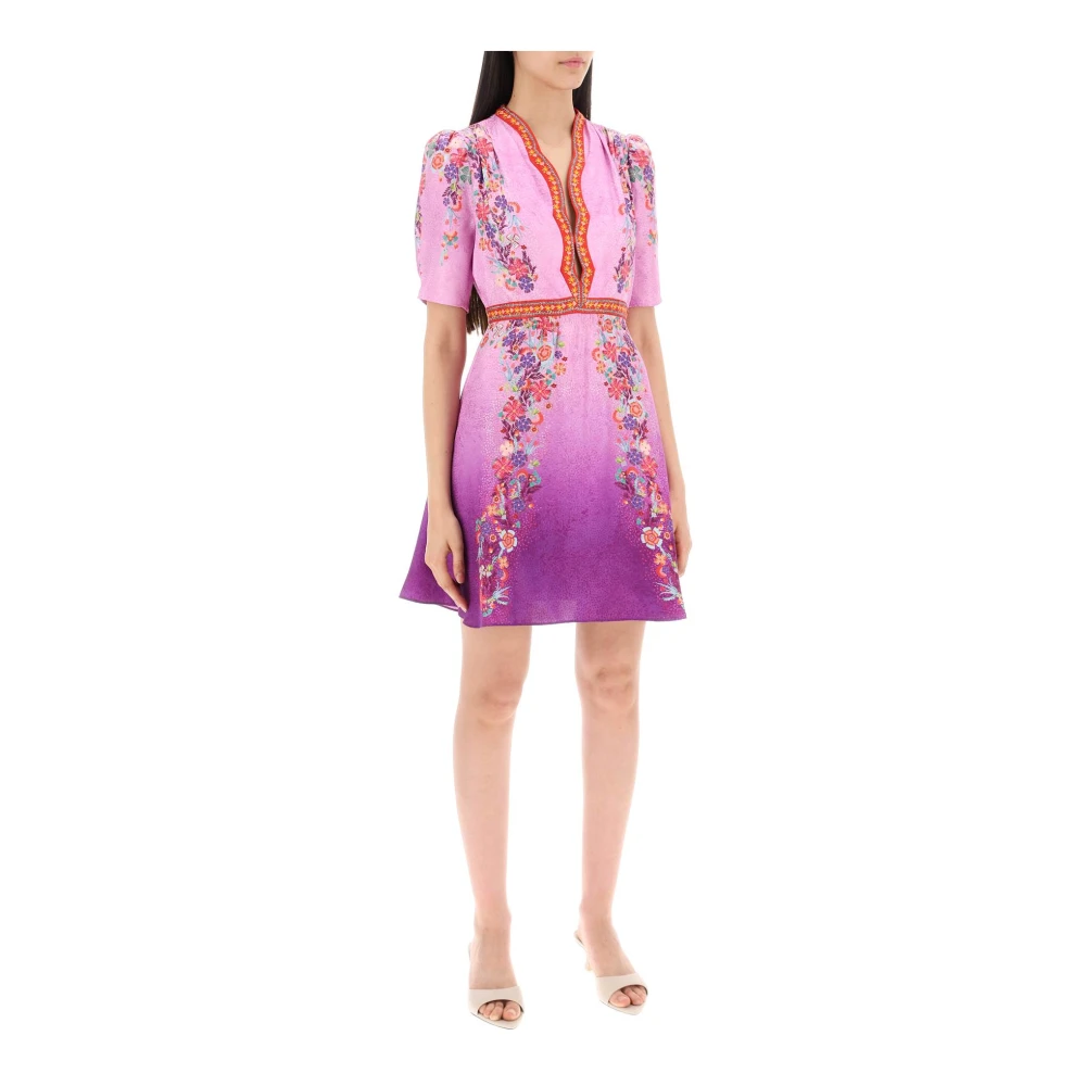 Saloni Bloemen Polka Dot Zijden Mini Jurk Purple Dames