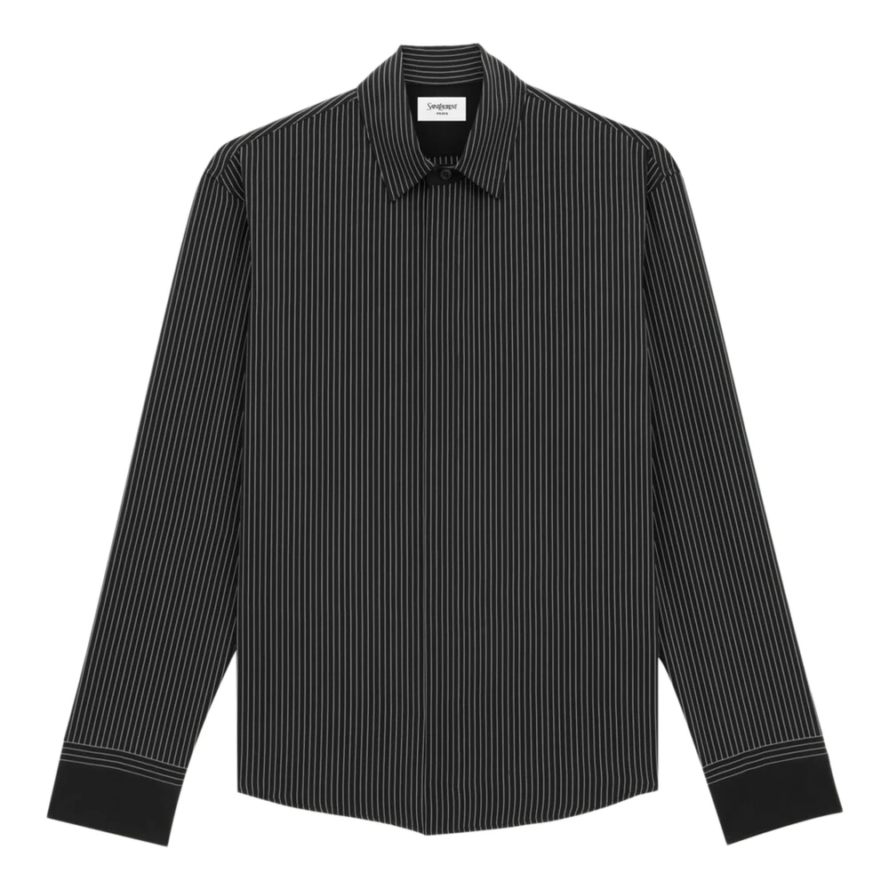 Saint Laurent Gestreepte zijden overhemd met verborgen knopen Black Heren