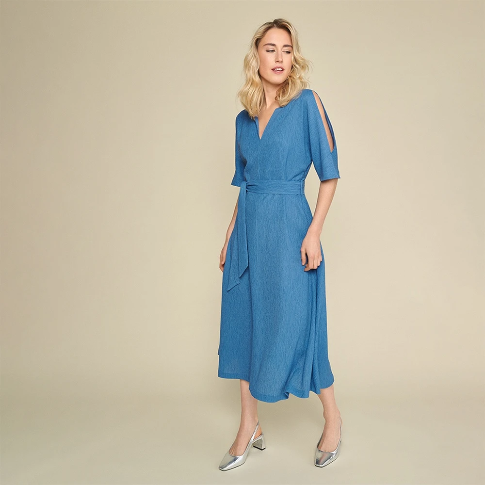 Marie Méro Blauwe Crepe V-Hals Jurk met Bijpassende Riem Blue Dames