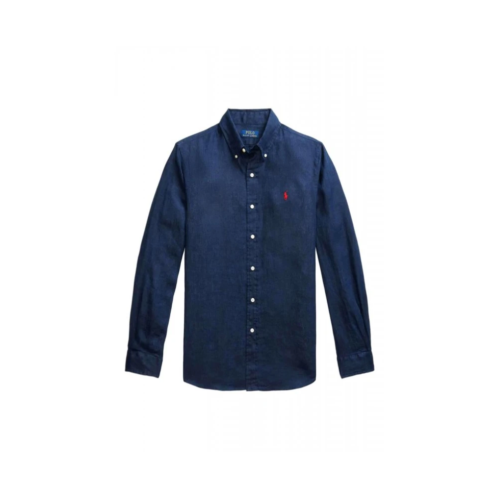 Ralph Lauren Herren Blau Custom Fit Leinenhemd Mit Knopfleiste