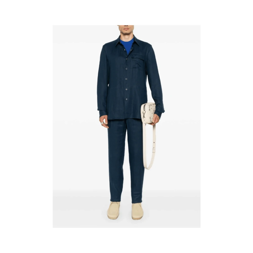 Kiton Navy Blue Linen Tapered Trousers Blue Heren
