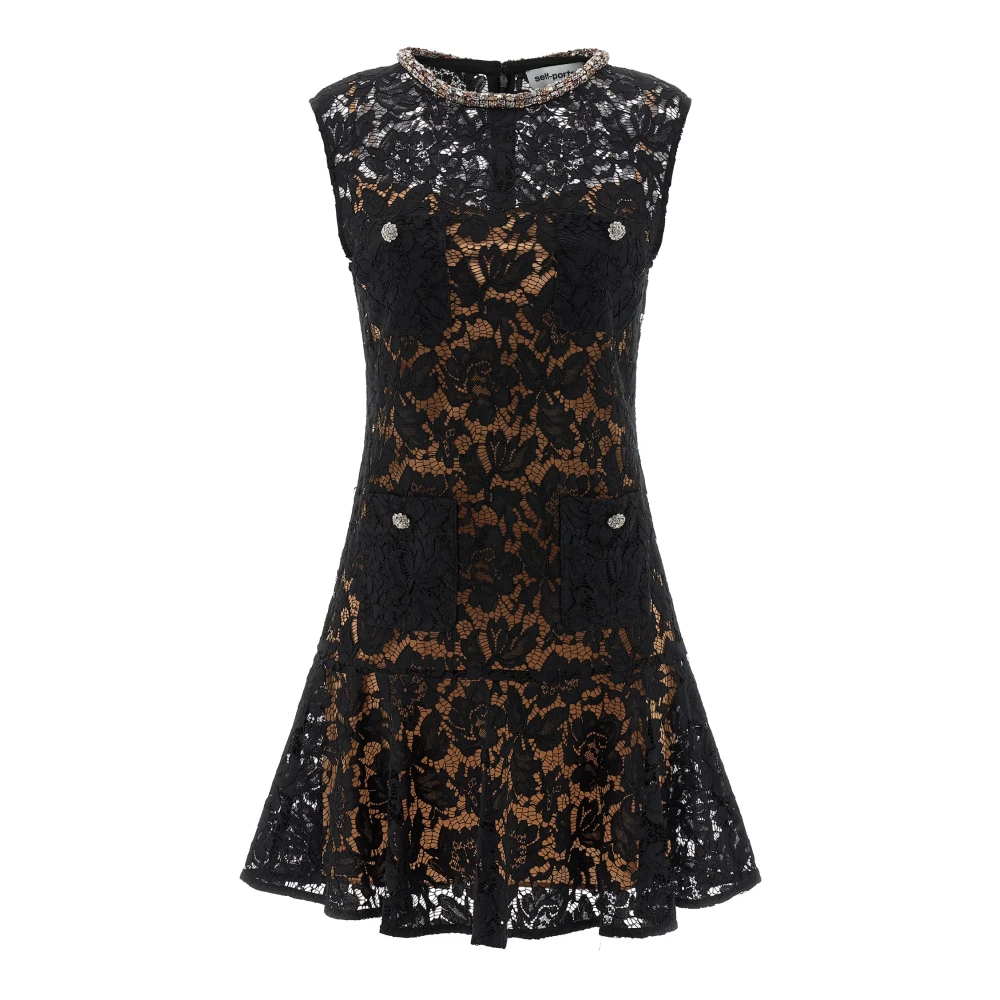 Self Portrait Women's Black Party Dresses, M, Lace Crystal Mini Dress