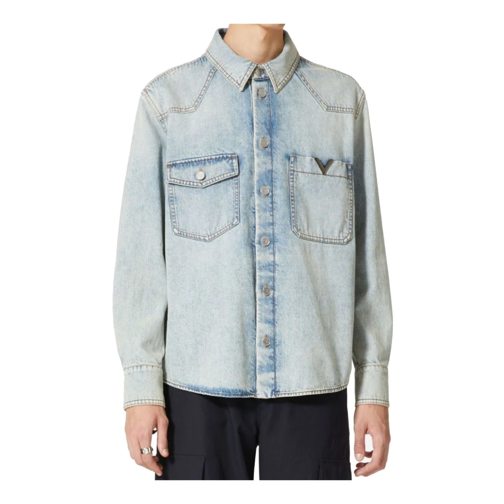 Valentino Denim overhemd met V-detail zak Blue Heren
