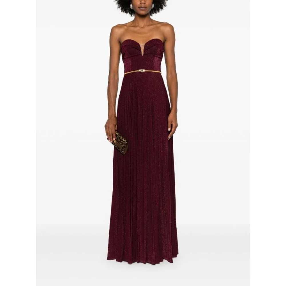 Elisabetta Franchi Bordeaux Geplooide Rok Jurk Riem Brown Dames