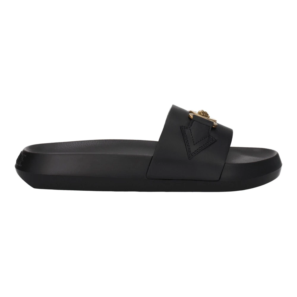 Versace , Sliders, Male, Black, 9 Uk, Black Leather Slippers Sandals