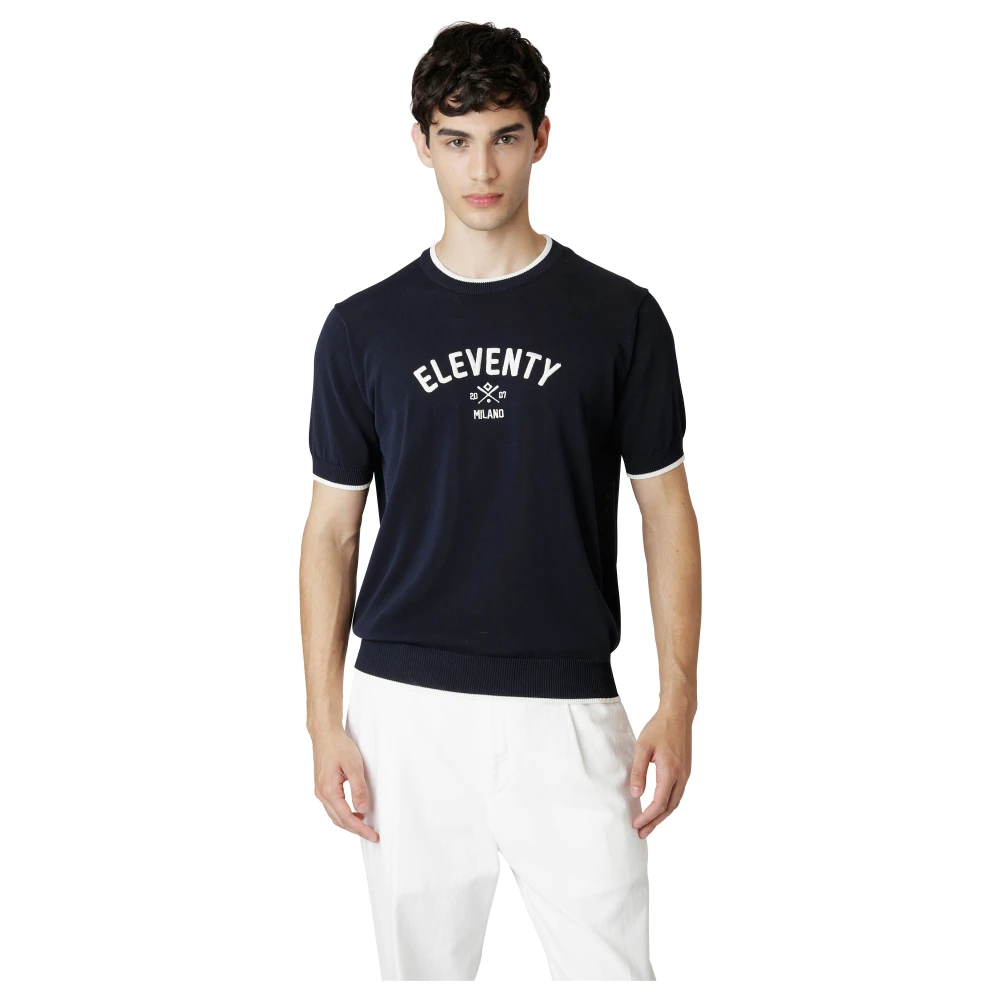 Eleventy Geborduurd Katoenen Ronde hals T-shirt Blue Heren