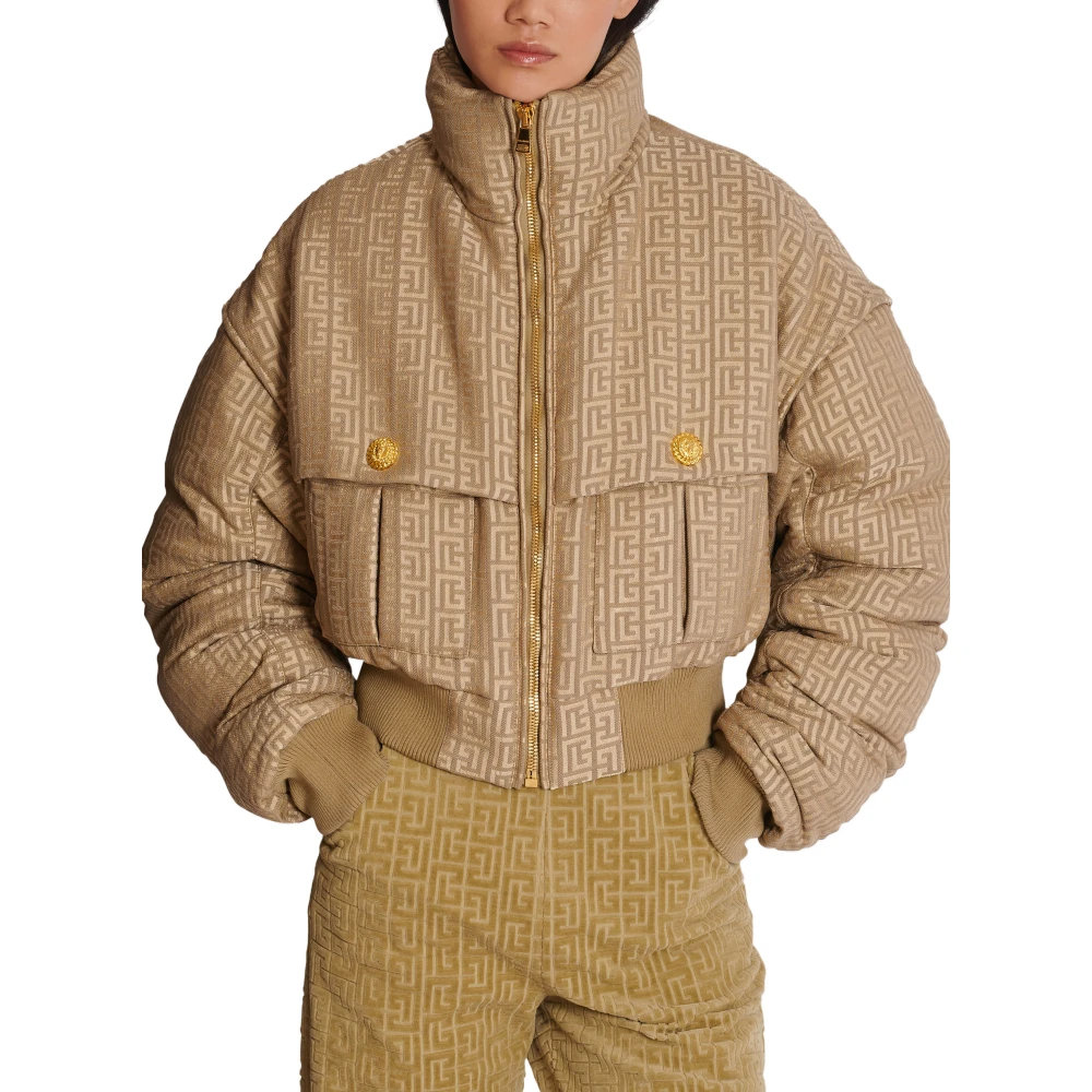 Balmain PB Labyrinth cropped jacquard bomber Beige Dames