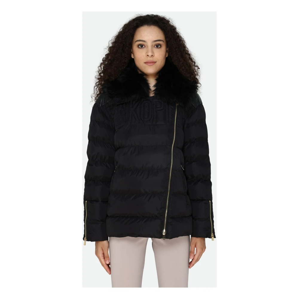 pinko Zwarte Gewatteerde Jas met Bontkraag Black Dames