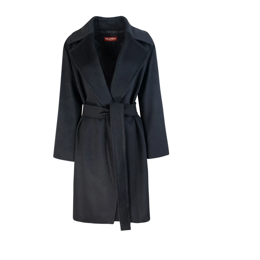 Max Mara Studio Zwarte wollen jas met ceintuur en sjaalkraag Black Dames