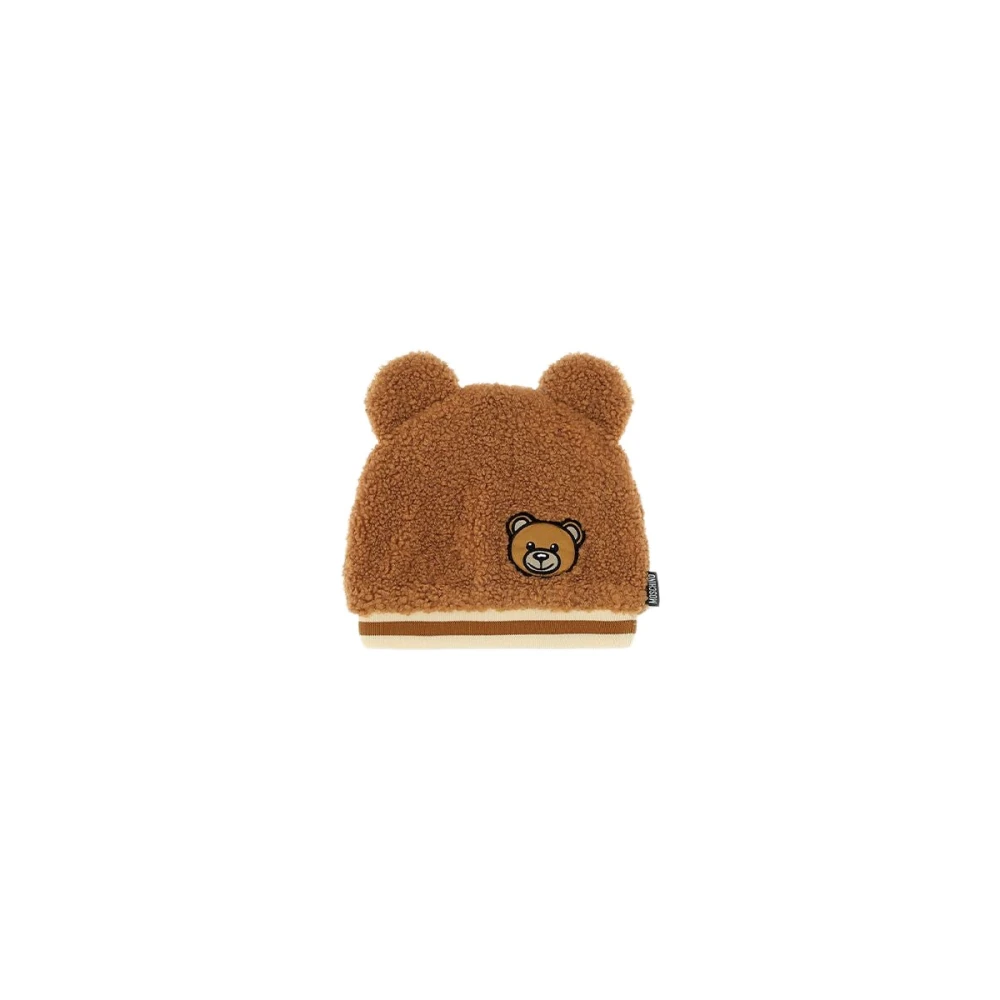 Moschino Mjuk Teddybjörnshatt med Elastiskt Band och Gyllene Logopatch Brown, Unisex