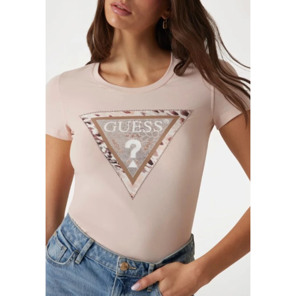 Guess Cheetah Logo Driehoek Tee Pink Dames