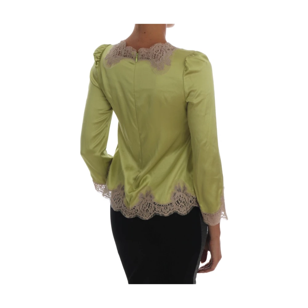 Dolce & Gabbana Groene Zijden Stretch Blouse met Beige Bloemenkant Green Dames