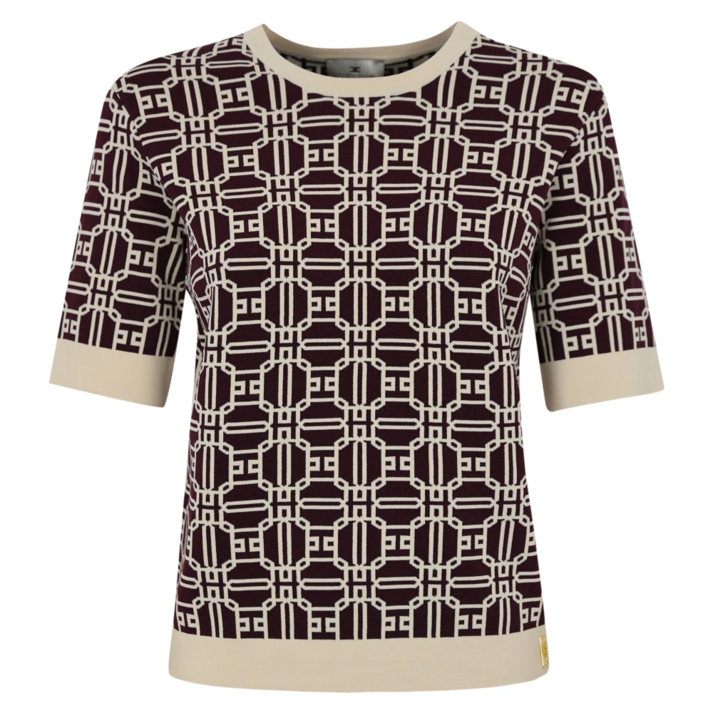 Elisabetta Franchi Korte Mouw Jacquard Top met Logo Print Brown Dames