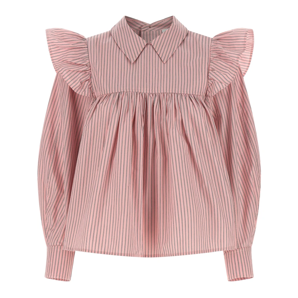 Ganni Women's Pink Oxford Stripe Frill Blouse - Blouses - S - Blouses & Shirts