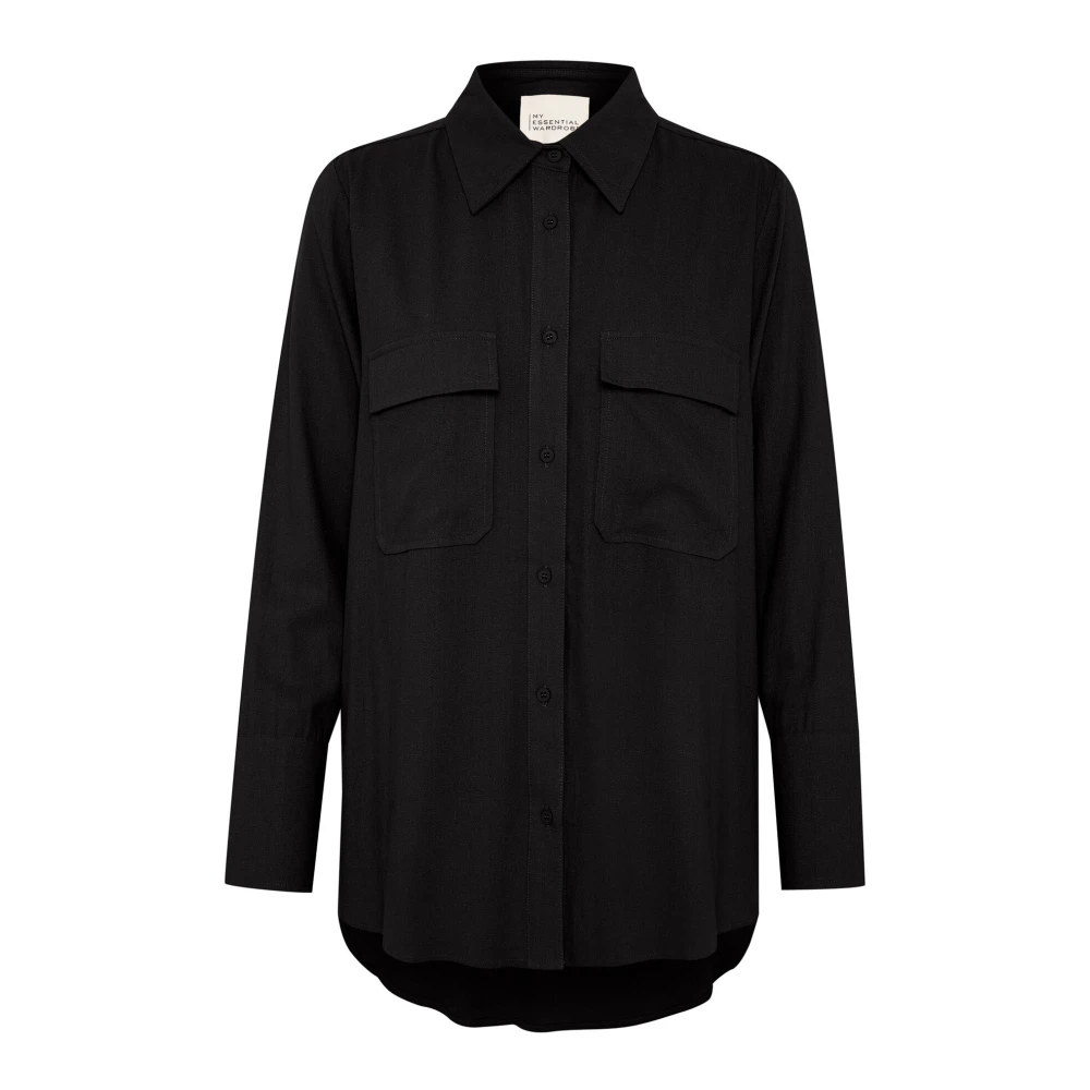 My Essential Wardrobe Zwarte Linnen Blend Shirt met Zakken Black Dames
