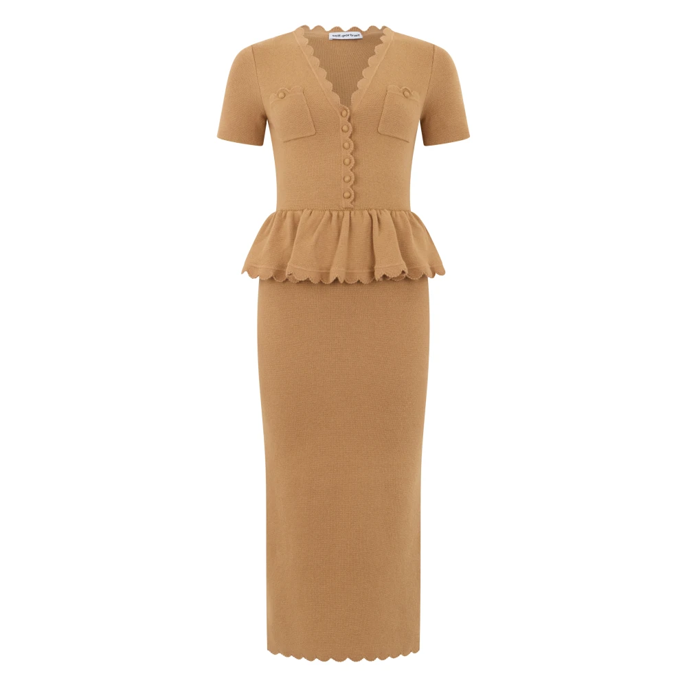 Self Portrait Women's Brown Knit Peplum Midi Dress
