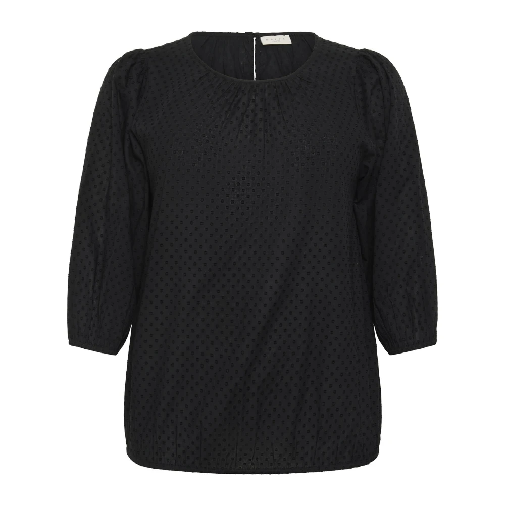 Kaffe Curve Zwart Diep Blouse ¾ Mouwen Ronde Hals Black Dames