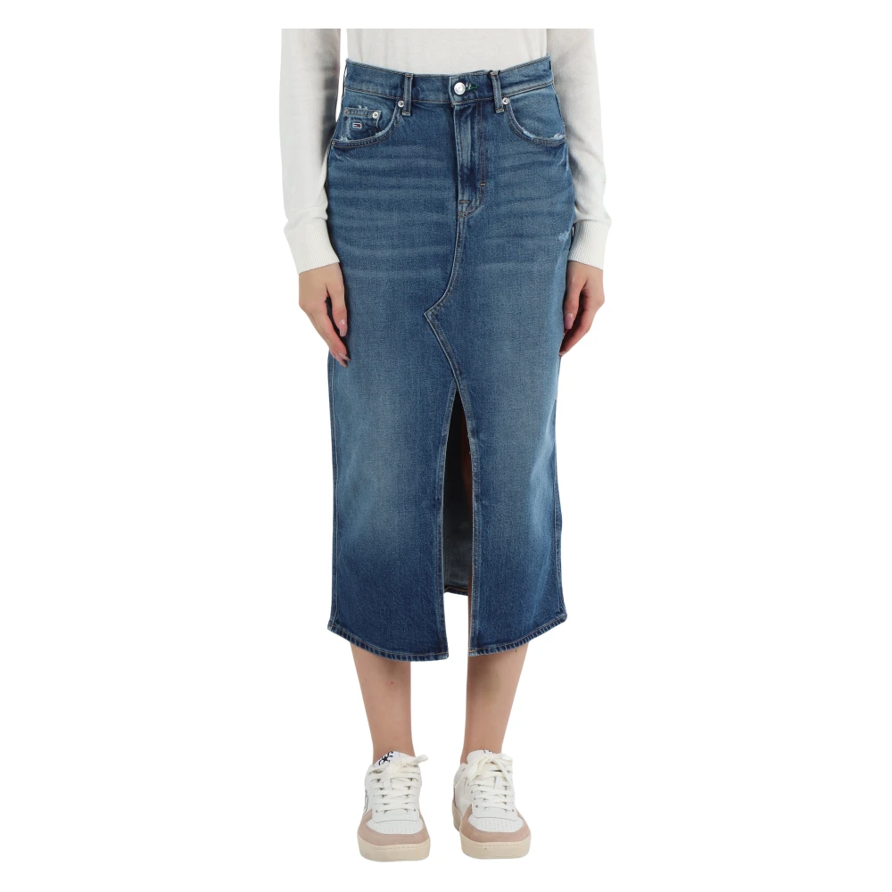 Tommy Jeans Denim midi rok met voor split Blue Dames