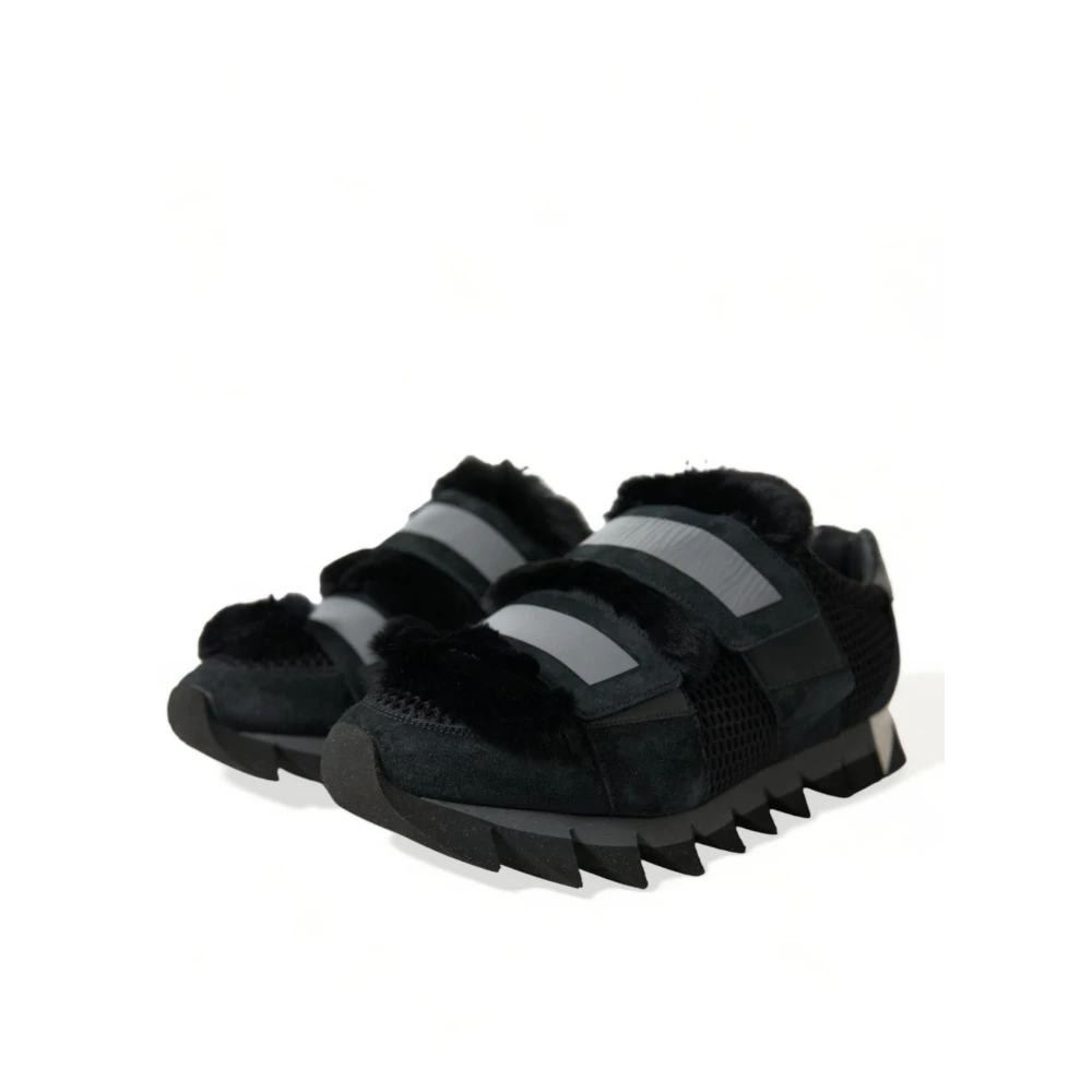 Dolce & Gabbana Men's Black Fur-Embellished Suede Platform Sneakers