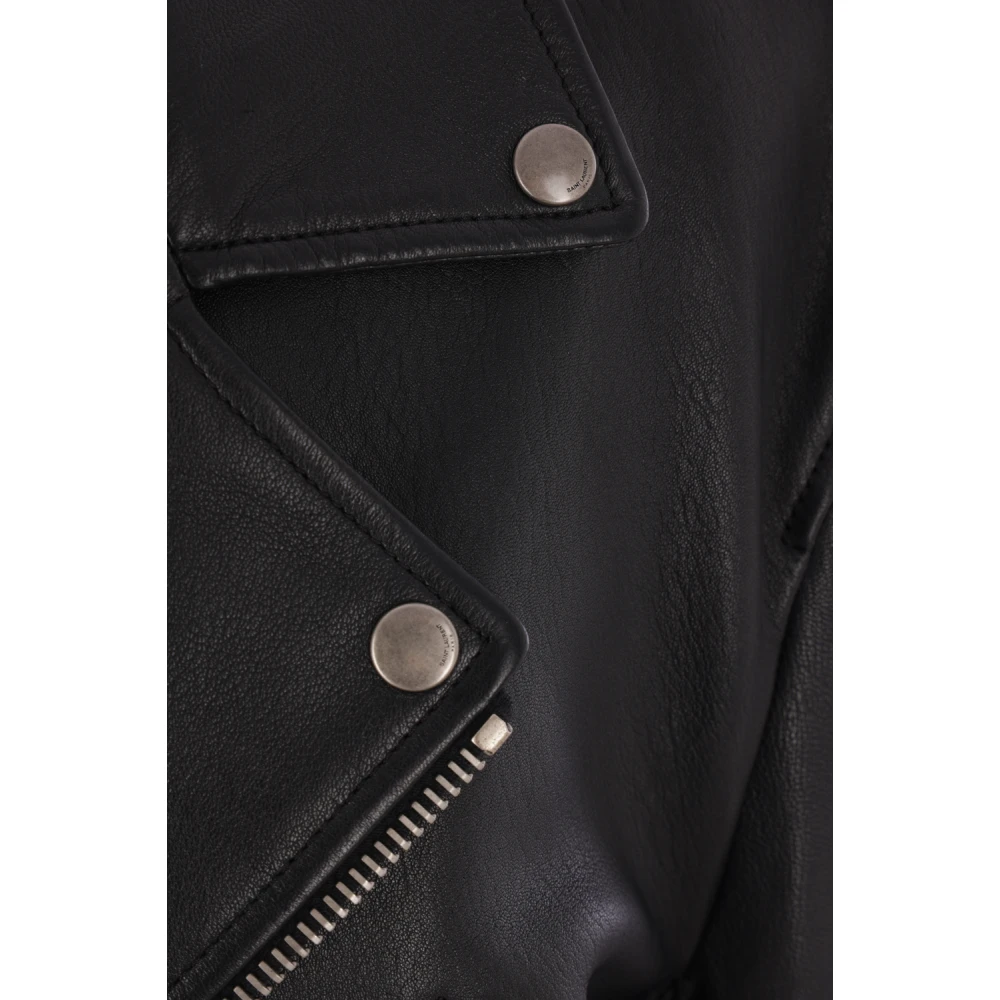Saint Laurent Zwarte Gewatteerde Biker Leren Jas Black Dames