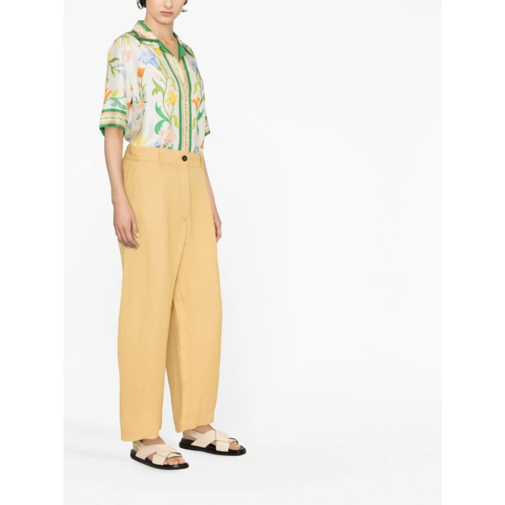 Studio Nicholson Gele Linnen Hoge Taille Wijde Pijpen Broek Beige Dames