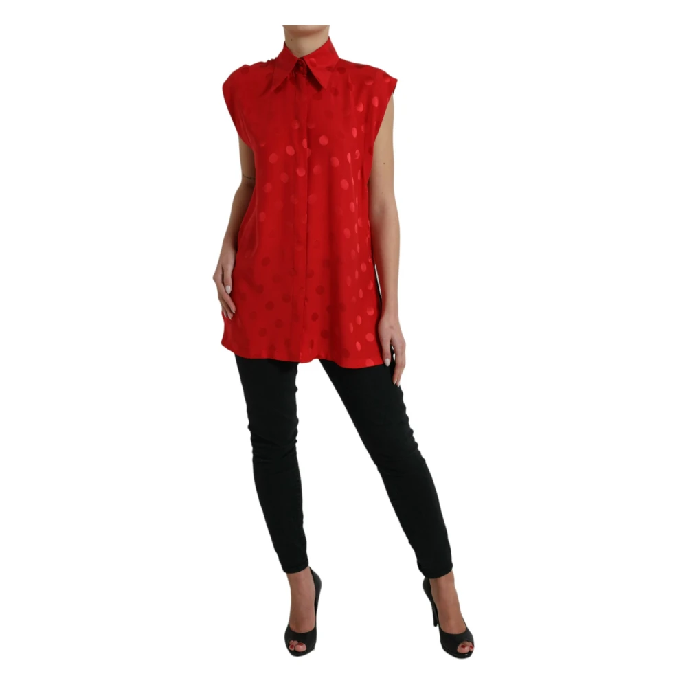 Dolce & Gabbana Elegante mouwloze zijden blouse met stippen Red Dames
