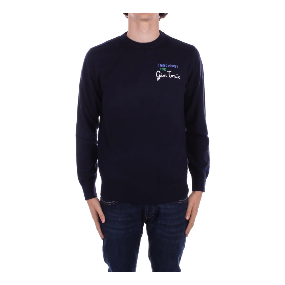 Saint Barth Blauwe Crew Neck Sweater met Money Gin Borduurwerk Blue Heren