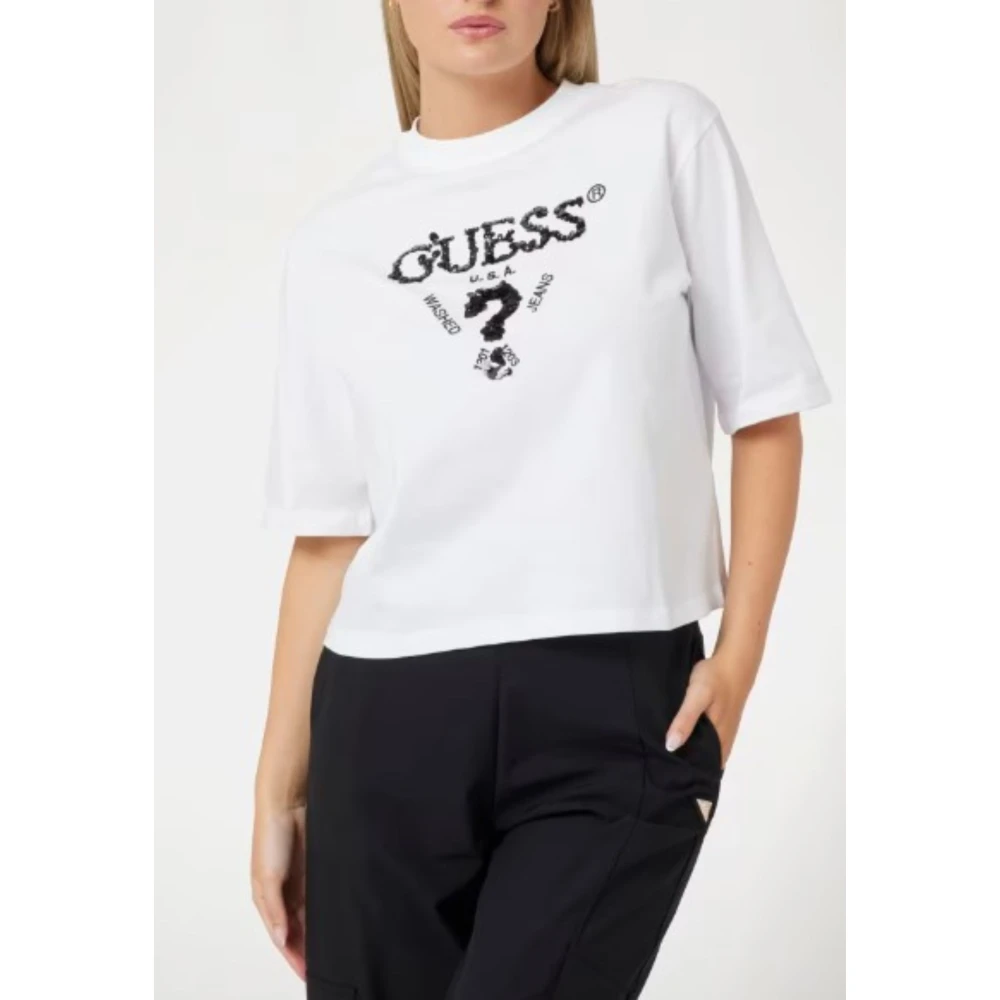 Guess Relaxed fit pailletlogo tee White Dames