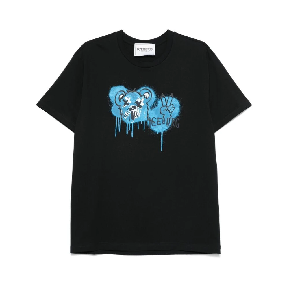 Iceberg Men's Black T-Shirts,, Logo Print Crew Neck T-Shirt Medium
