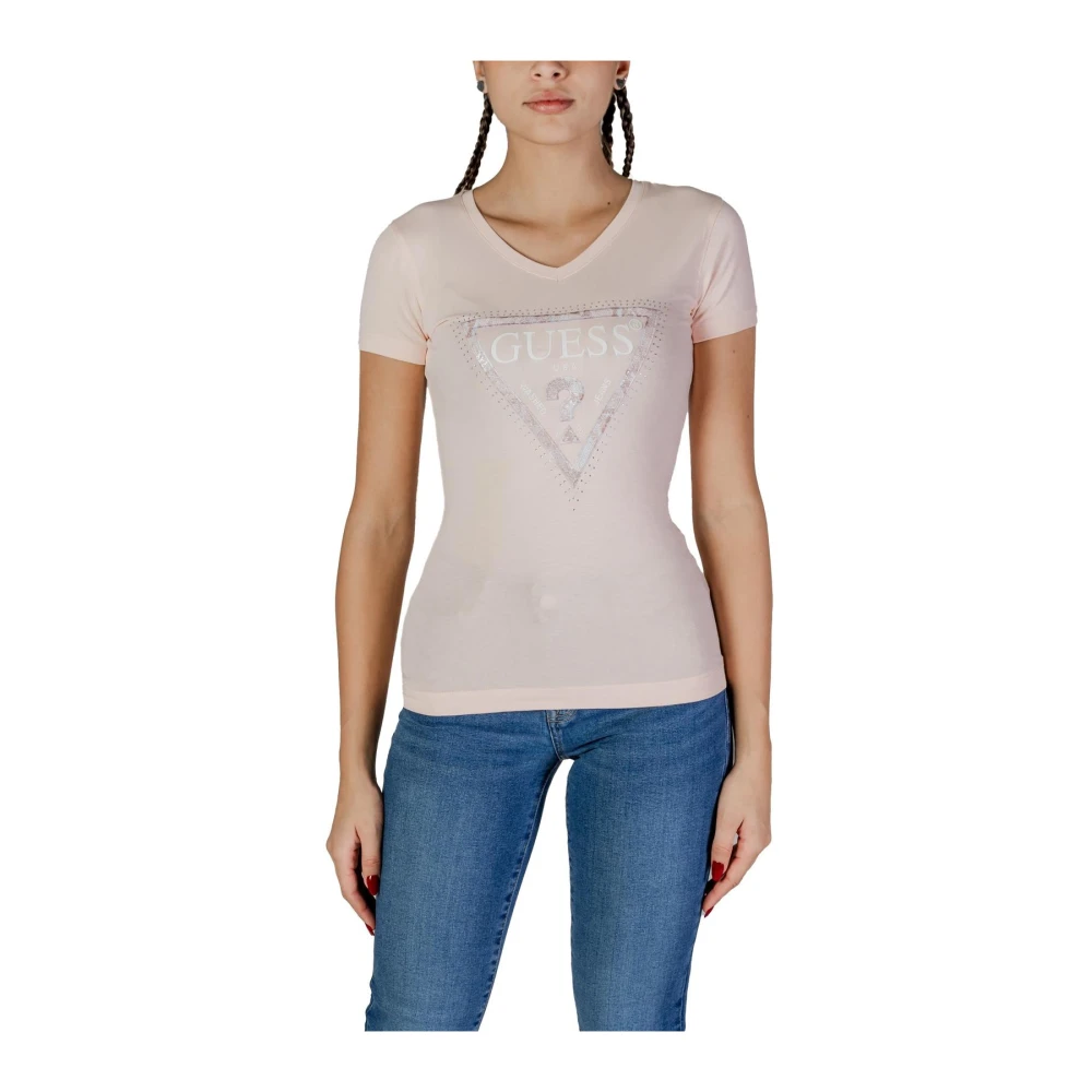 Guess Women's Pink V-Neck T-Shirt With Rhinestone Logo