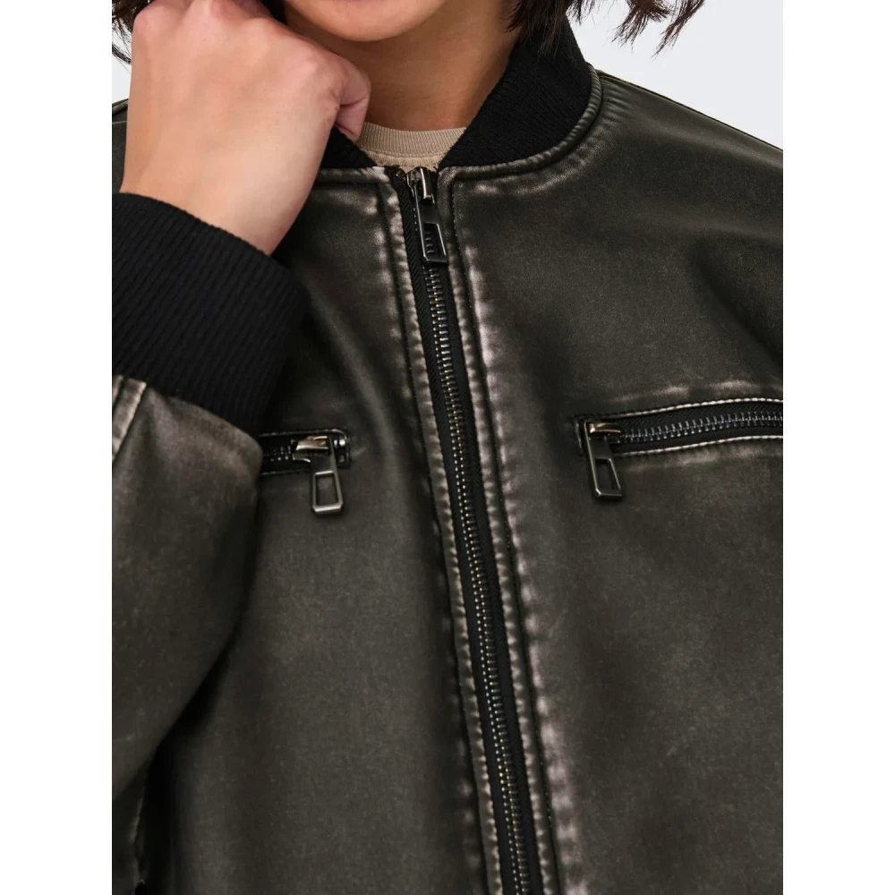 Only Vintage Leren Jas met Ritsmouw Black Dames