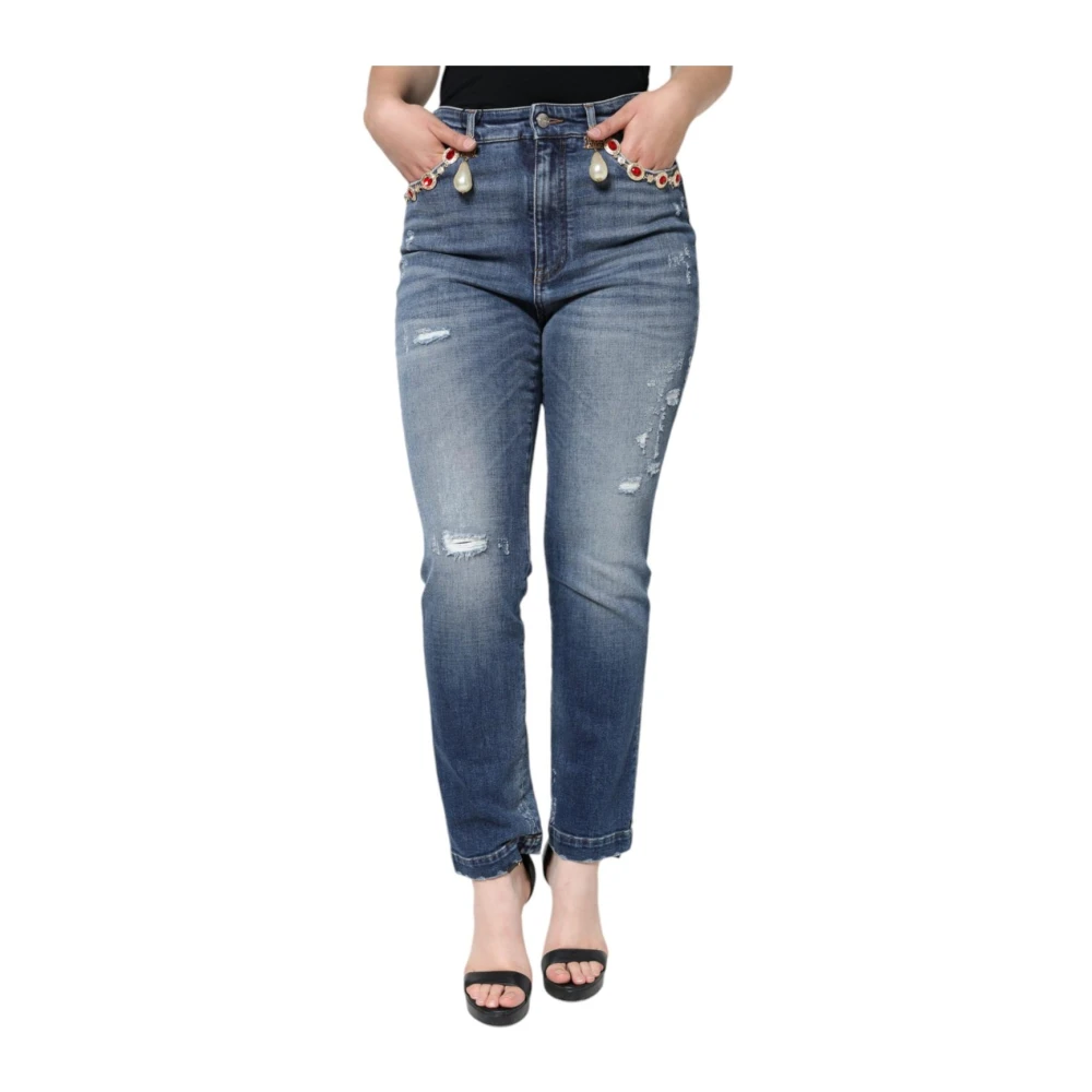 Dolce & Gabbana Women's Blue Pearlembellished Highwaist Skinny Jeans - Slim Fit Jeans - L- Jeans