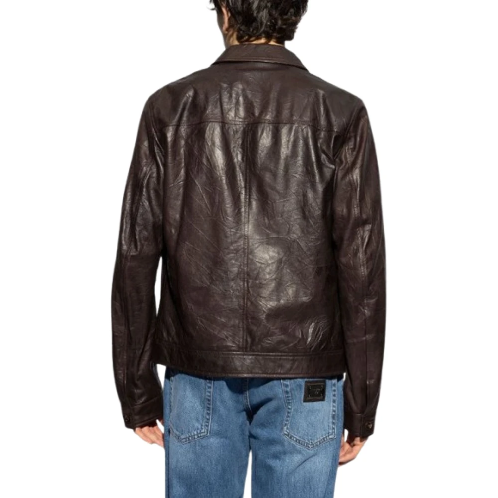 Dolce & Gabbana Leren jas met rits en zijden voering Brown Heren