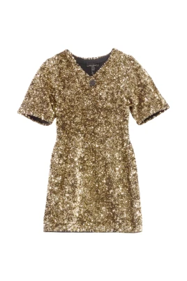 Gyllene Sequin V-Ringad Stickad Klänning