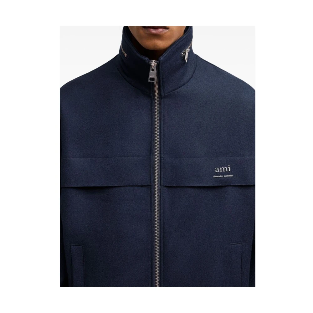 Ami Paris Navy Blauwe Wollen Jas met Logo Blue Heren