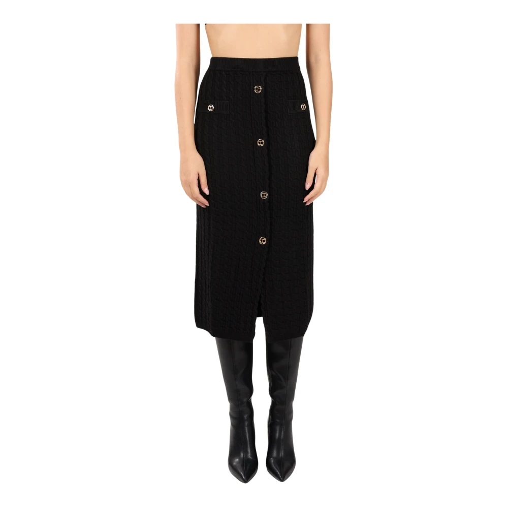 Twinset Geribbelde gebreide midi-jurk met knopen Black Dames