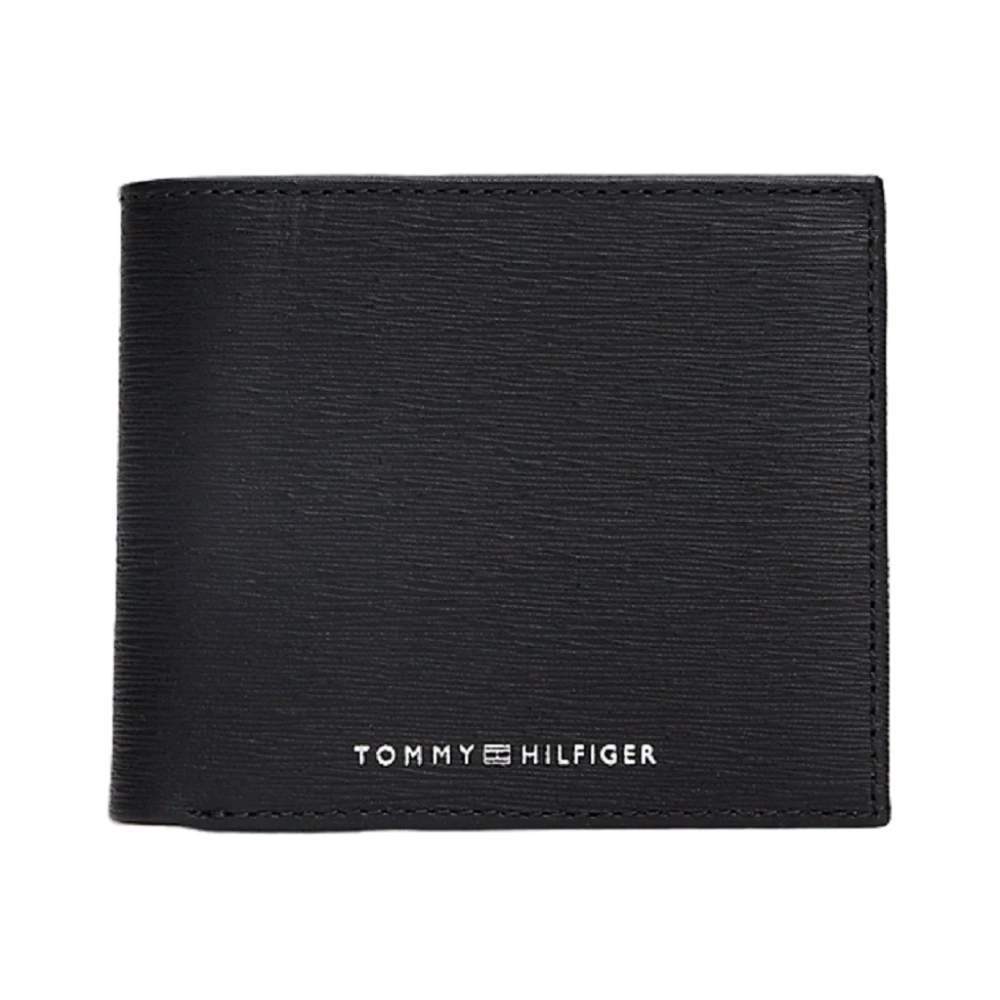 Tommy Hilfiger Zwarte Leren Portemonnee Bifold Gehamerd Afwerking Black Heren