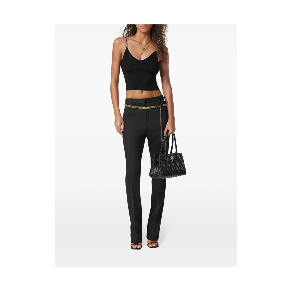 Versace Zwarte Geribbelde Gebreide V-hals Top Black Dames